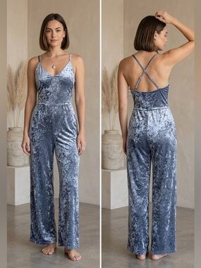 Snap Velvet Gray Bluish Cross Back Adjustable Straps Versatile Jumpsuit Size M